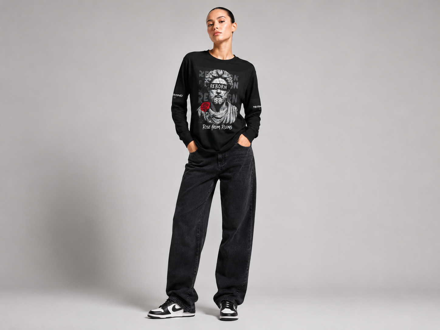 Reborn Rose Statue Long Sleeve Tee — "Rise From Ruins" Graphic