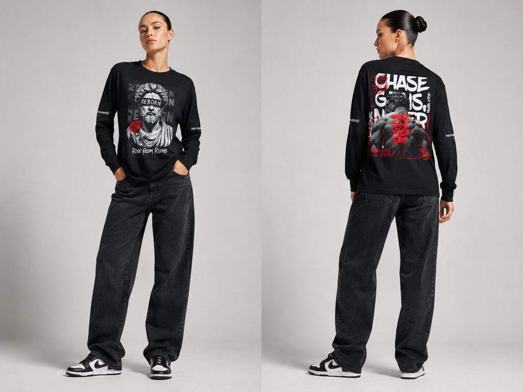 Reborn Rose Statue Long Sleeve Tee — "Rise From Ruins" Graphic