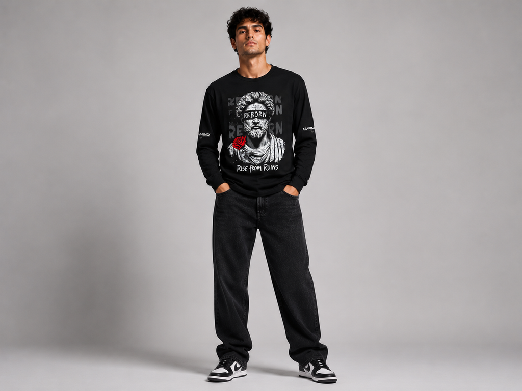 Reborn Rose Statue Long Sleeve Tee — "Rise From Ruins" Graphic