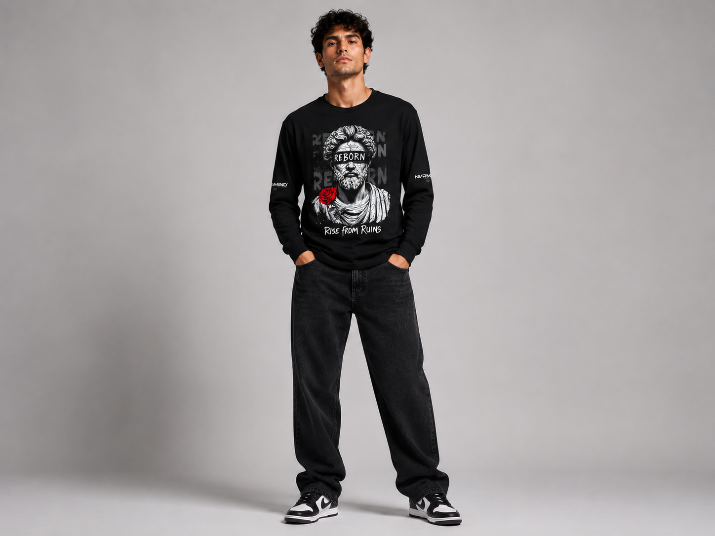 Reborn Rose Statue Long Sleeve Tee — "Rise From Ruins" Graphic